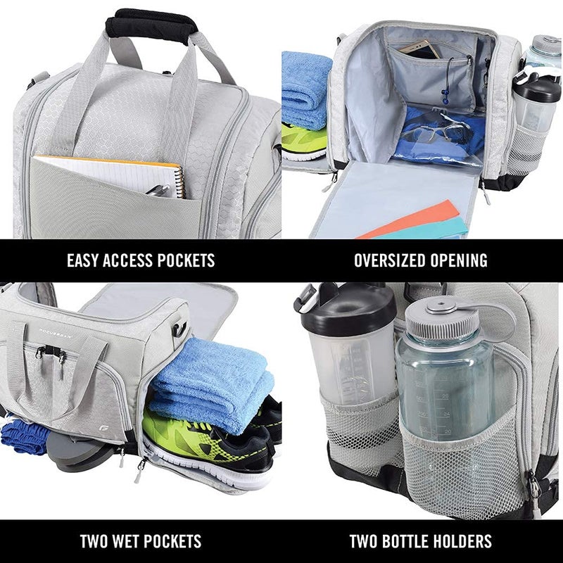 FocusGear Ultimate Gym Bag 2.0: The Durable Crowdsource Designed Duffel Bag with 10 Optimal Compartments Including Water Resistant Pouch (Silver, Small (15")) - Image 3